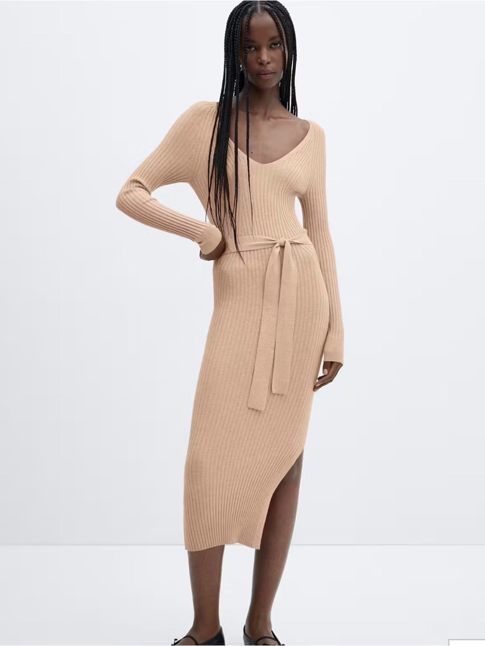 Mango Beige Rib-Knit V-Neck Tie-Waist Midi Dress